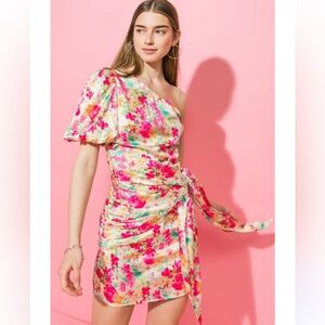 Floral One Shoulder Mini Dress XS Ruched Tie Waist Pink